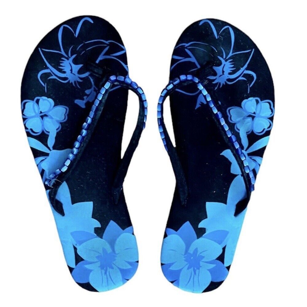 Women Flipflops Size 6 Floral Blue Black Flowers Sandals Beads Soft Foam Summer